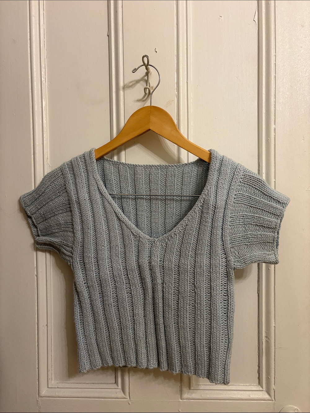 Light Blue Ribbed V-Neck Knit Top